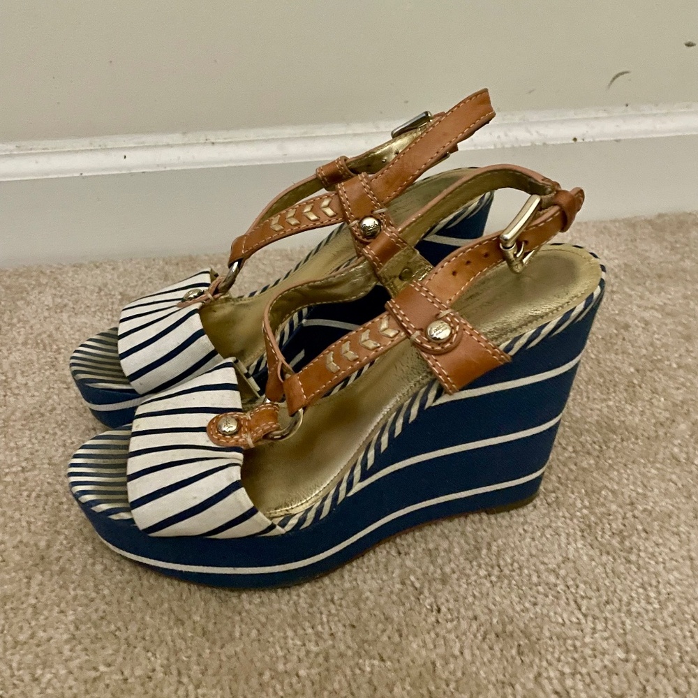 Coach Blue & White Stripe Wedge Sandal, Brown Leather Straps,, Size 7